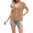 thumbnail image 2 of Women Summer Cable Knit Cardigan Sweater Tie Front V Neck Oversized Knitwear Khaki M, 2 of 8