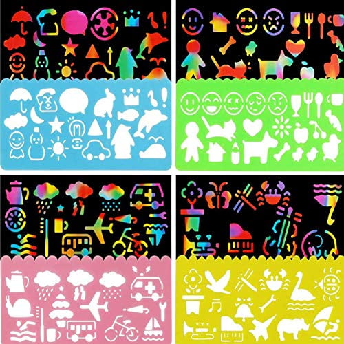 16 Pack Scratch Note Pads Scratch Art Notebooks Rainbow Scratch Paper with 4 Drawing Stencils for Kids Arts and Crafts Perfect Travel Activity or Gift for Girls Boys Teens
