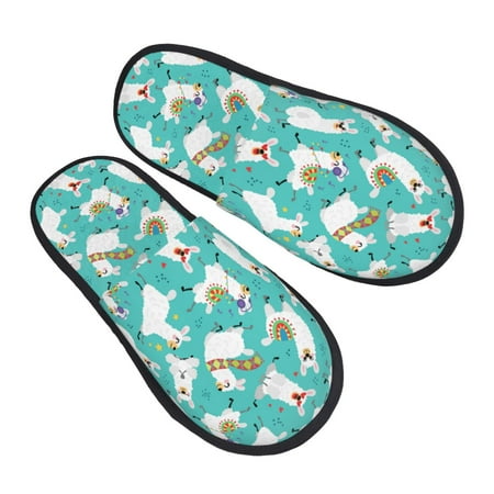 

KLL Cartoon Llamas Slippers for Women Men House Slip on Indoor Outdoor Bedroom Furry Fleece Lined Ladies Comfy Anti-Skid Rubber Hard Sole-Large