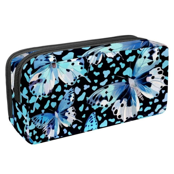 MUOOUM Pencil Case, Blue Butterfly Leopard Pattern Large Capacity Pencil Pouch Stationery Pen Bag