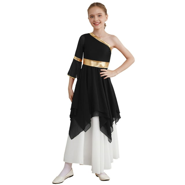 Aislor Robe de Danse Ballet Liturgique pour Filles, Robe de Danse Lyrique à Blocs de Couleur, Ourlet Haut-Bas, Noir 12