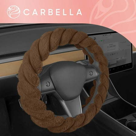 Carbella Twisted Fur Brown Soft Steering Wheel Cover, Standard 15 Inch Size Fits Most Vehicles, Fuzzy Fluffy Car Steering Cover with Soft Faux Fur Touch, Car Accessories for Women