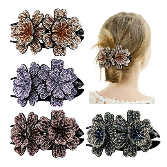 4 Pack Luxury Fancy Gems Korean Decorative Glitter Sparkly Crystals Rhinestones Double Flower Hair Claws Clips Plastic Barrettes Hairpin Clamps Hair Accessories for Women Girls Thick Long Hair