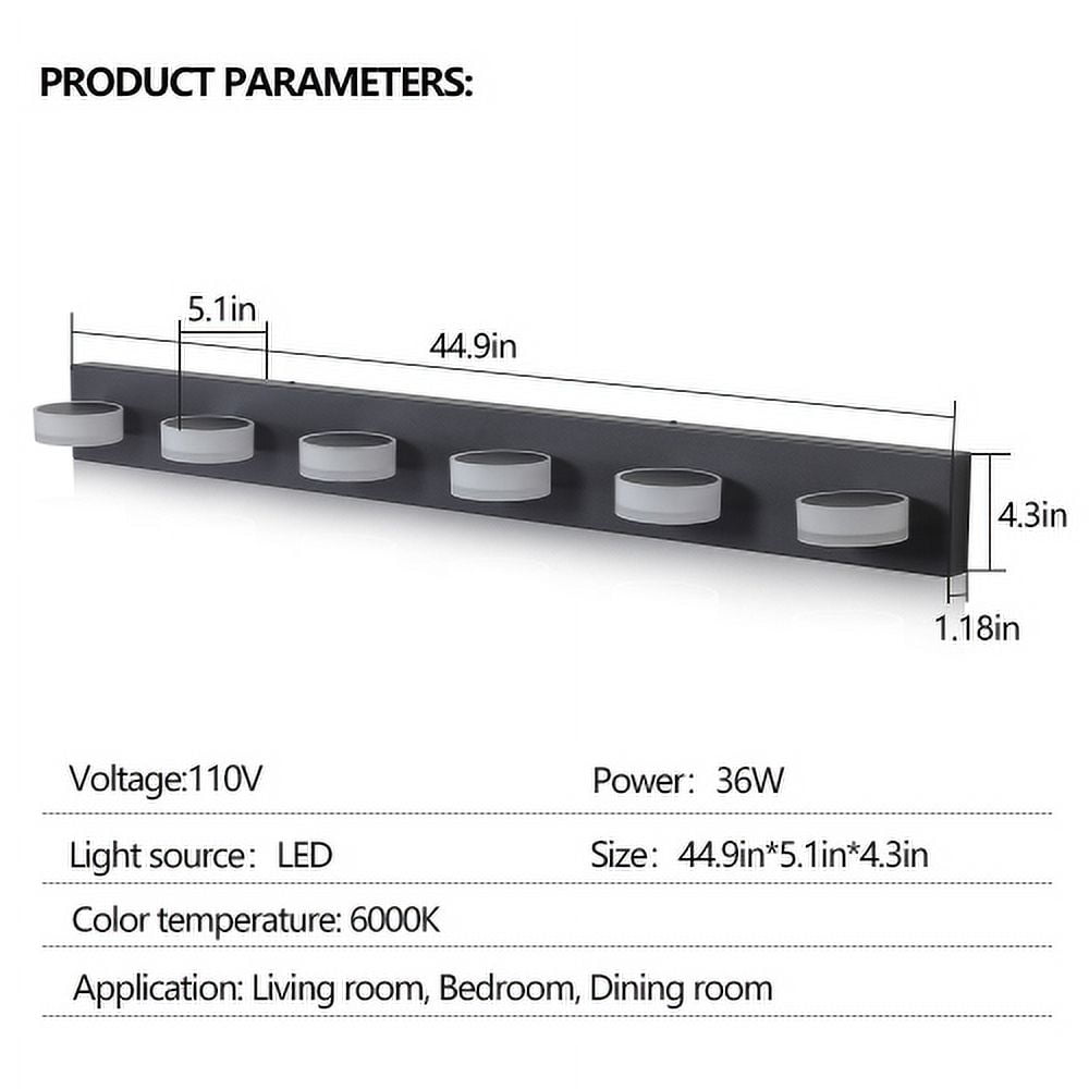 Hi-LIGHTS,Modern 6-Light Rotatable & Dimmable LED Vanity Light Fixture with Acrylic Shades,Energy-Efficient Bathroom Wall Sconce for Bathroom,Dressing Room,Mirror Cabinet,Living Room(Black）