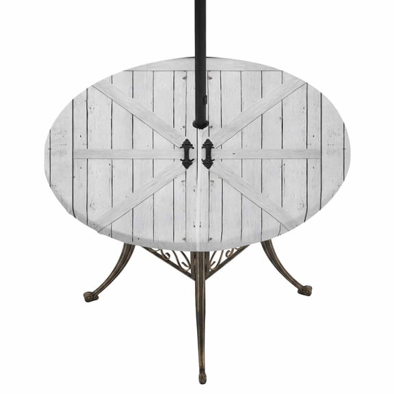 Round Outdoor Tablecloth with Umbrella Hole and Zipper, Farmhouse Wood Grain Tablecloth with Elastic Waterproof, Vintage Country Barn Gate Grey Patio Table Covers for 36" - 44" Picnic Pool Tables