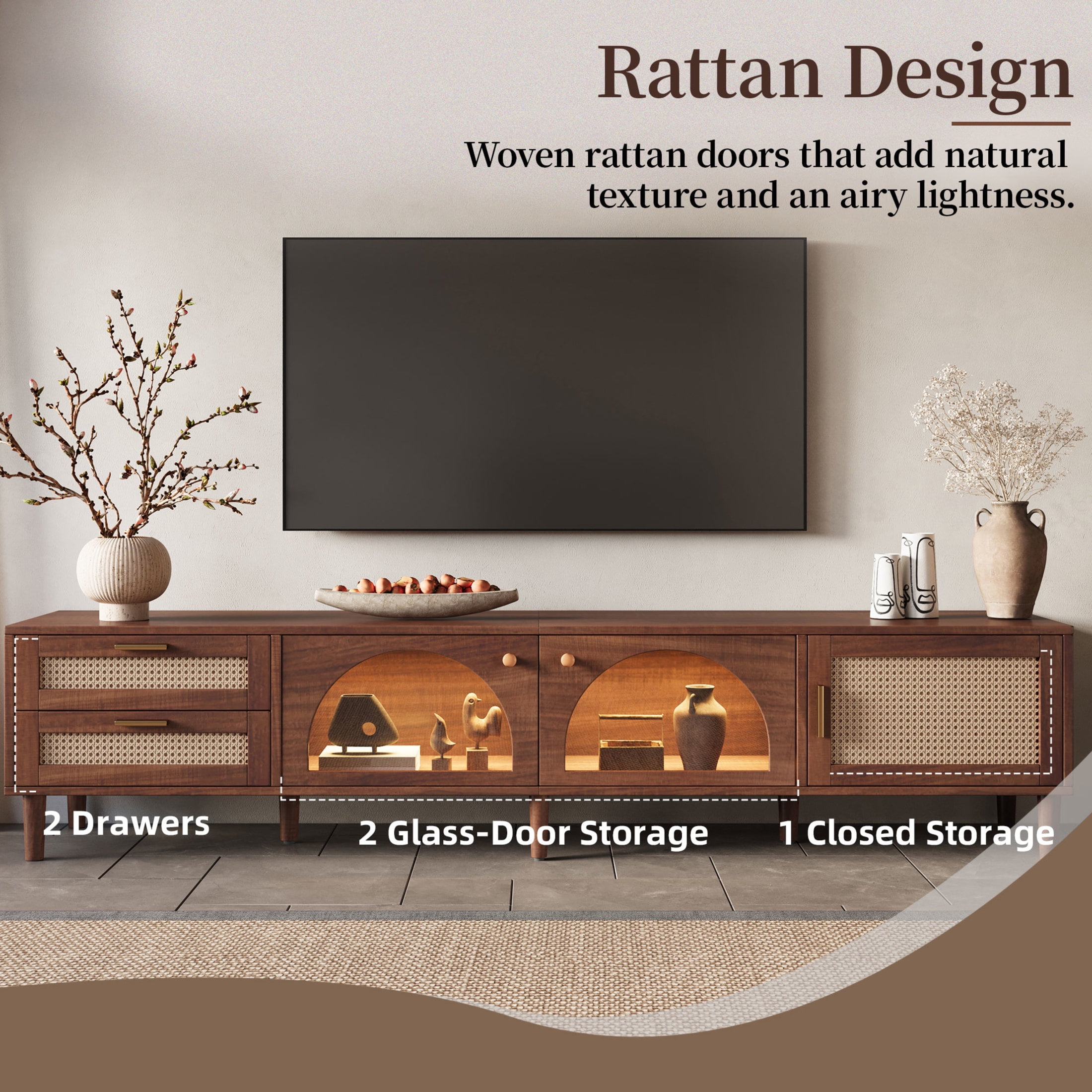 Noble House Modern TV Stand for TVs up to 90" with LED Lights, Glass Door Storage and Drawers, Dark Brown
