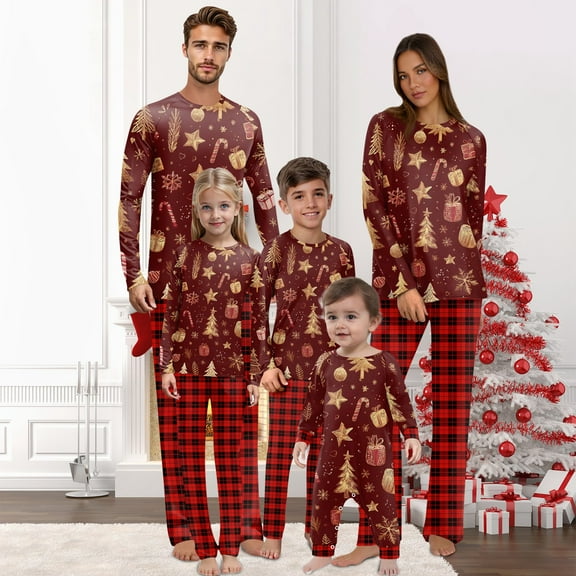 Onlypjs Family Matching Christmas Pajama Set for Men, Women and Couples – Burgundy and Gold Holiday Print Tops with Red Plaid Pants