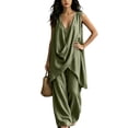 thumbnail image 7 of Women's Solid Stand Collar Sleeveless Draped Top Loose Harem Pants 2 Piece Outfit, Casual Beach Vacation Matching Set Army Green M(M), 7 of 7