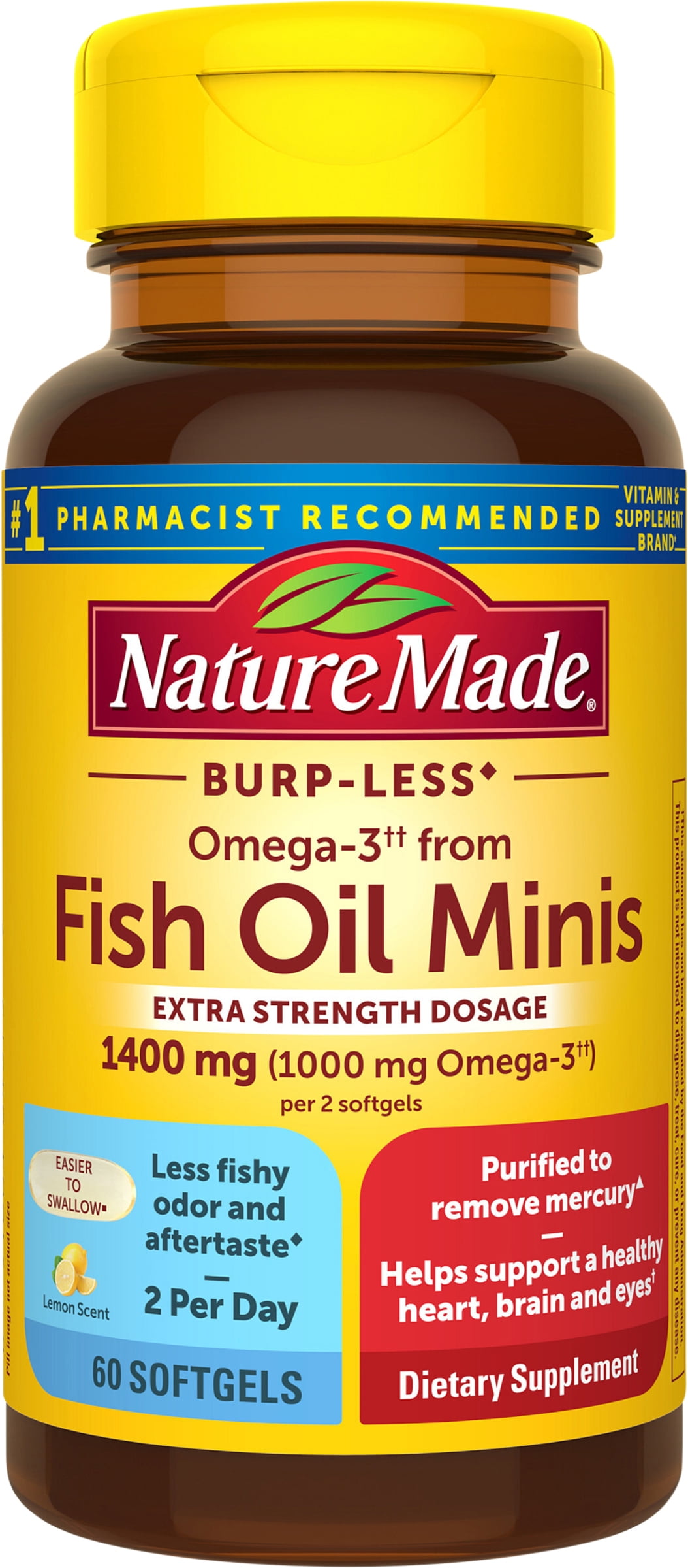 Nature Made Extra Strength Burp Less Omega 3 Fish Oil 1400 mg Minis, 60 Count
