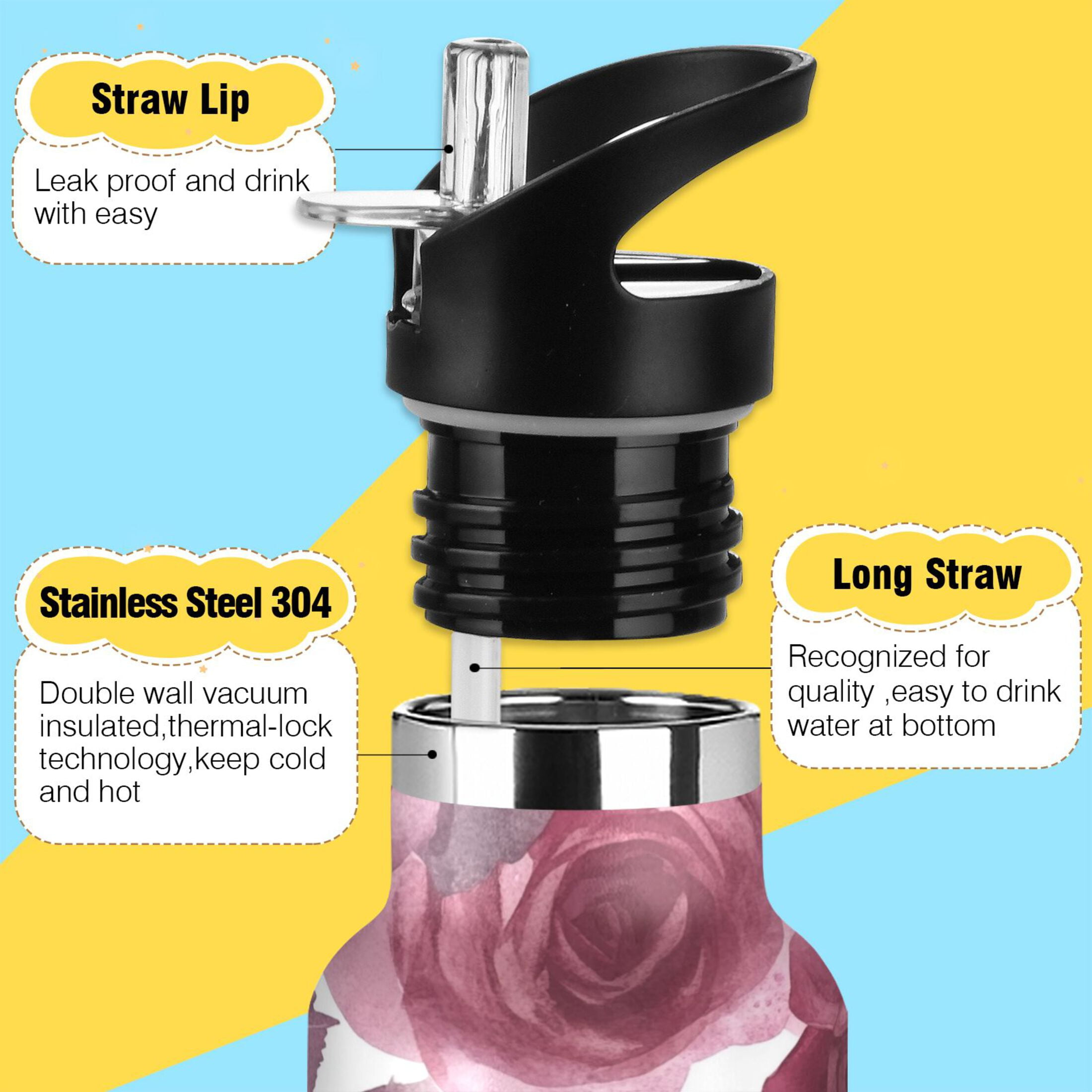 600ML Stainless Steel Insulated Cup Sports Water Bottle Portable Thermos Cup Water Glasses Insulated Tumblers Convenient and Durable Maroon Roses