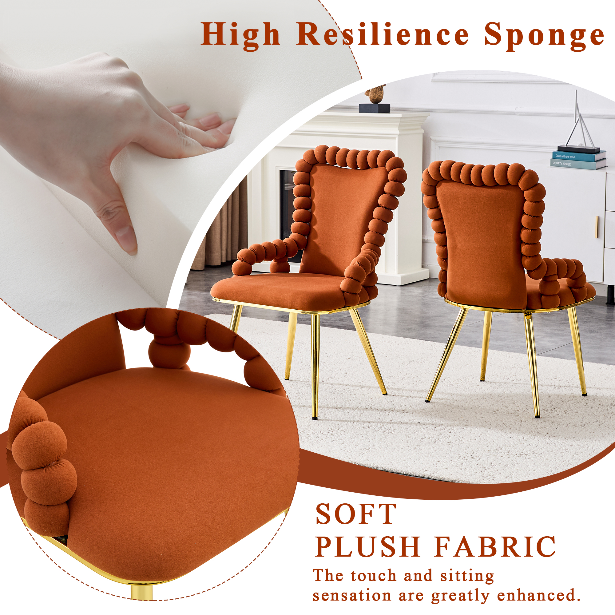 TesNus Set of 2 Brown Velvet Bubble Tufted Dining Chairs with Gold Metal Legs and Armrests for Dining Room