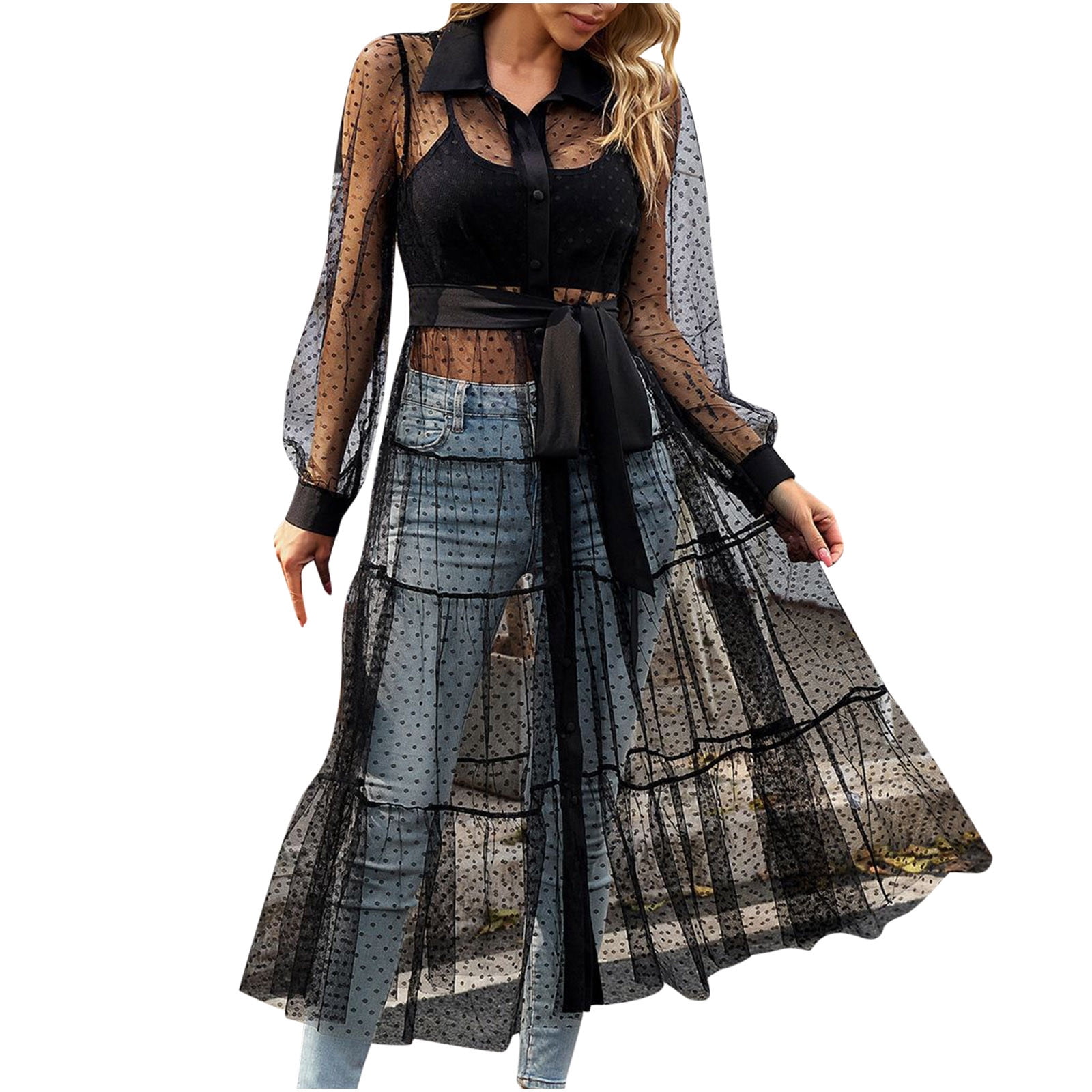 High Waist Tunic With Belt Choichic Women's Button Down Sheer Mesh Patchwork Maxi Dress - Short Sleeve, High Waist With Belt, Long Tunic See-through Long Top High Waist Tunic With Belt Choichic Women's Button Down Sheer Mesh Patchwork Maxi Dress - Short Sleeve, High Waist With Belt, Long Tunic See-through Long Top