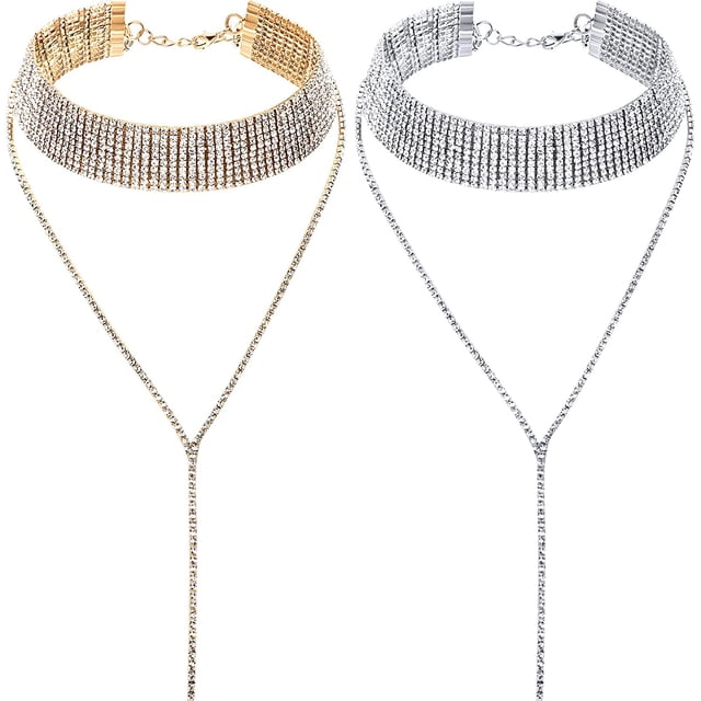 2 piezas de collar gargantilla con borlas de diamantes de imitación, collar ancho de varias capas, collares de cadena con borlas para mujeres y niñas