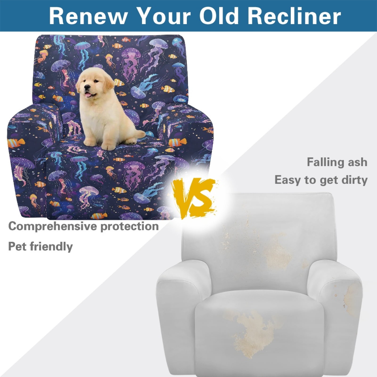 Xoenoiee Jellyfish Fish Print Recliner Slipcover Stretch Reclining Chair Covers 4 Pieces Non Slip Recliner Sofa Slipcovers with Pockets Fitted Sofa Couch Cover Lazy Boy Chair Cover for Pet Kid