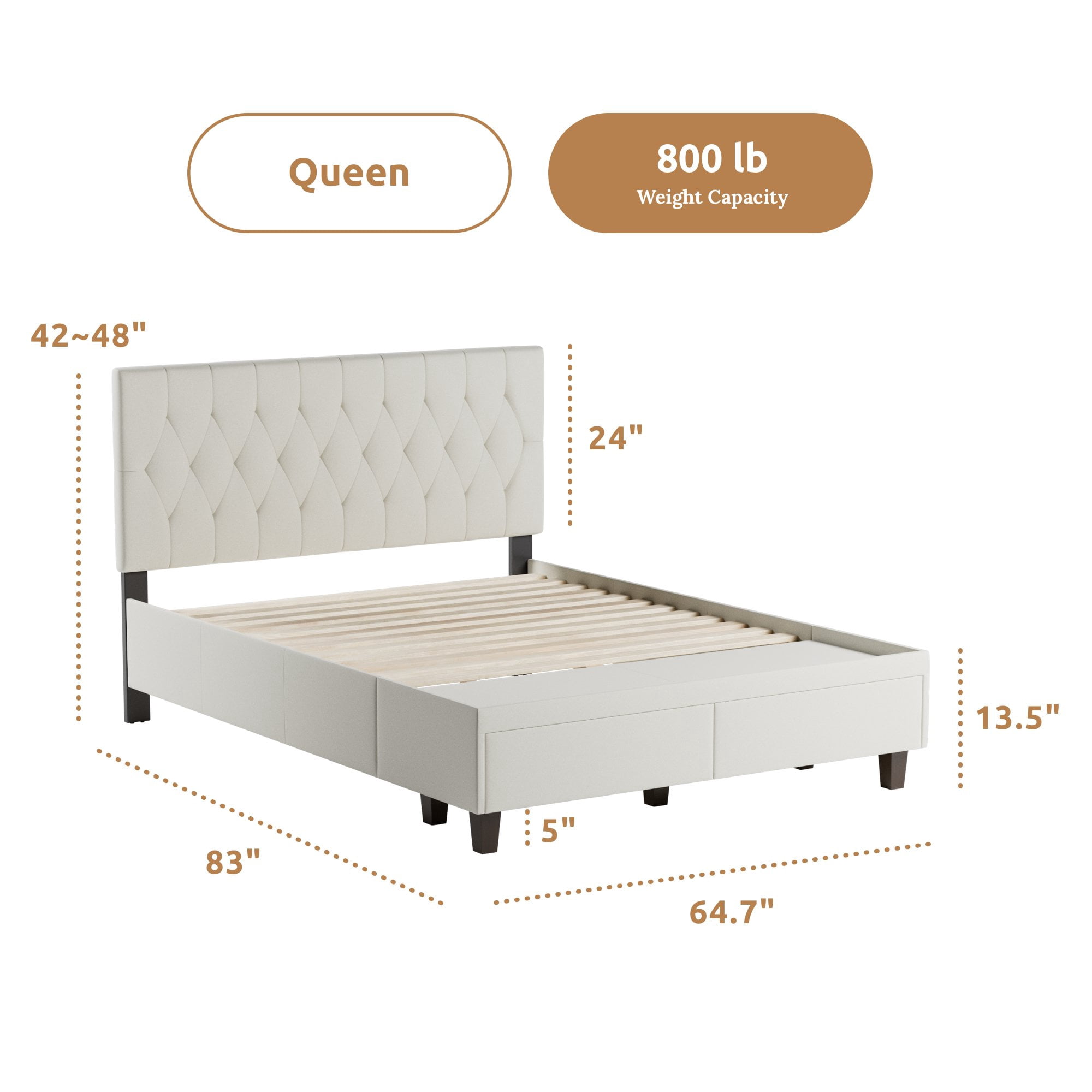 Rest Haven Jasper Upholstered Platform Bed with Drawers, Queen, Cream