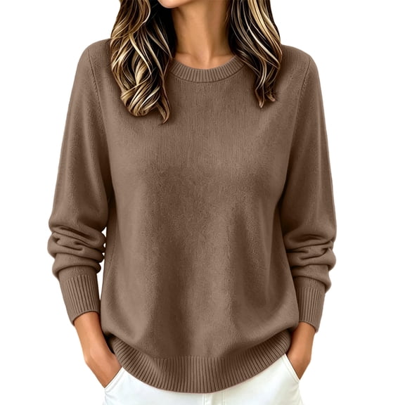 Hueook Knit Sweaters for Women Crew Neck Long Sleeve Loose Fit Pullover Soft Casual Winter Top Brown S