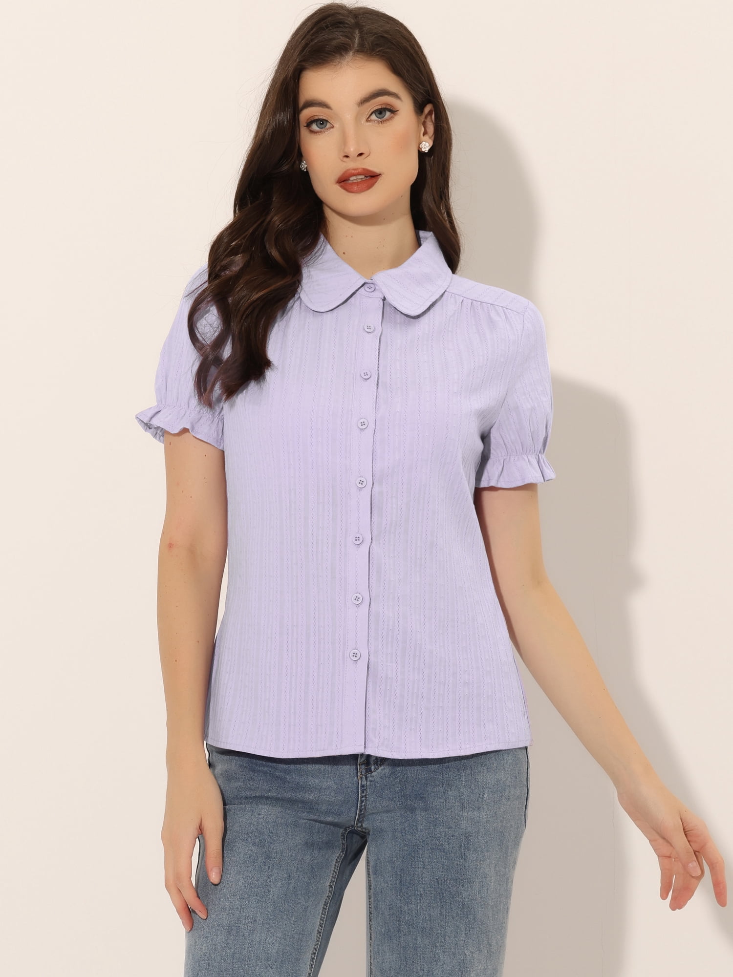 DARING DIVA Women's Cotton Frilled Peter Pan Collar Blouse XL Light Purple