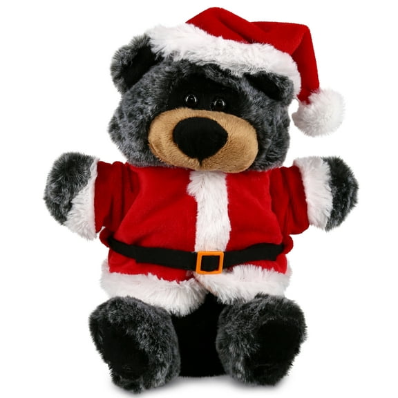 DolliBu Santa Black Bear Stuffed Animal Plush Hand Puppet - Super Soft Wild Animal Dress Up with Red Santa Claus Outfit, Cute Holiday Christmas Gift - 9 Inches