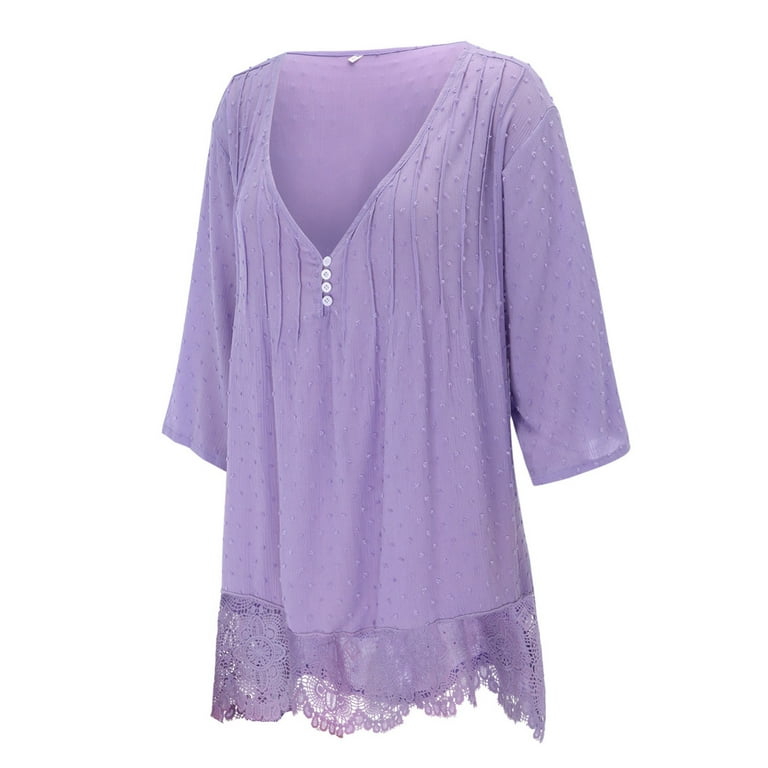 Women Summer Tops Women Vintage Three Quarter Lace V Neck