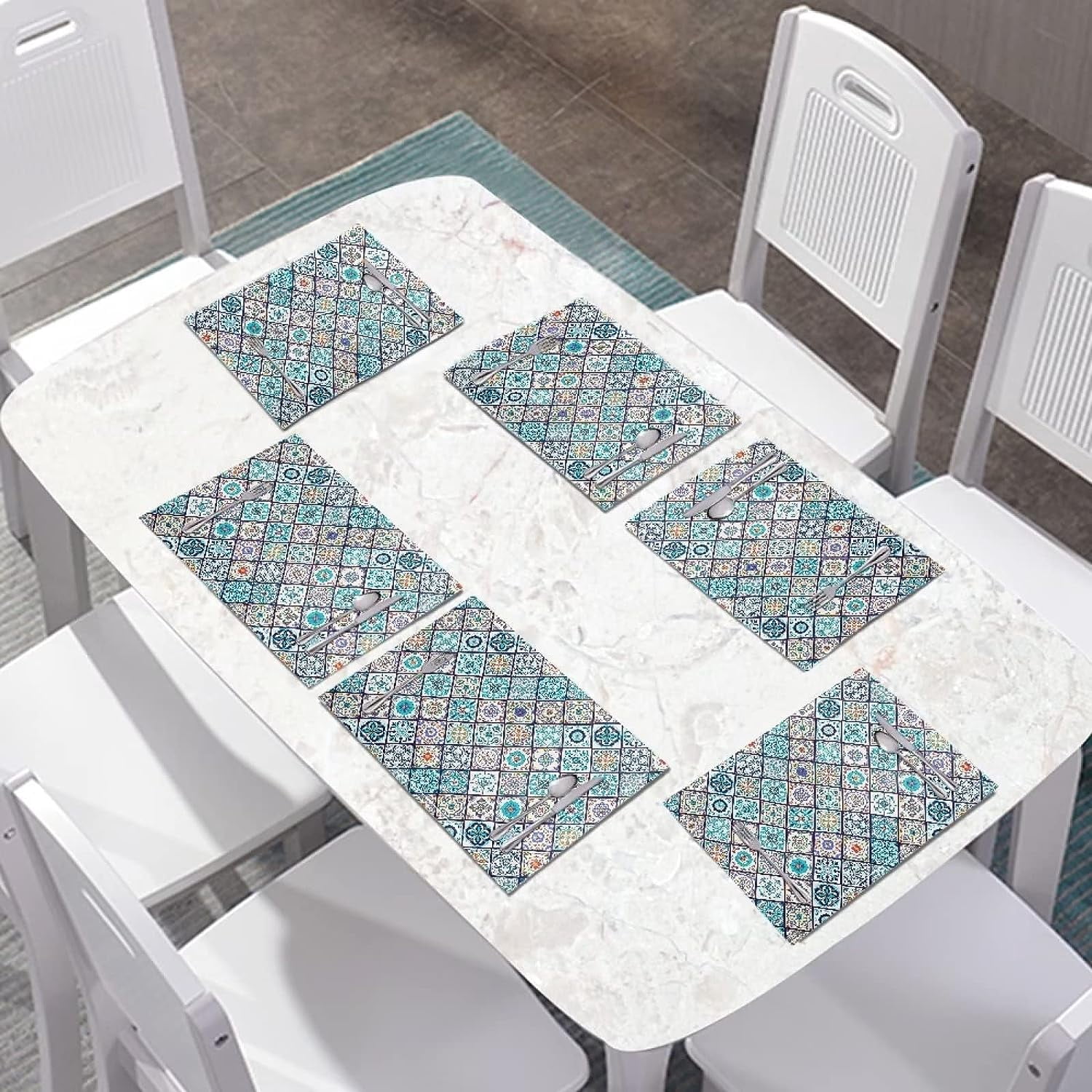 Durable Boho Placemats Set of 4, Dining Table Woven linen Placemat Wipeable Easy to Clean Oil-Proof Non-Slip Tablemats for Kitchen, Bohemian Style Blue