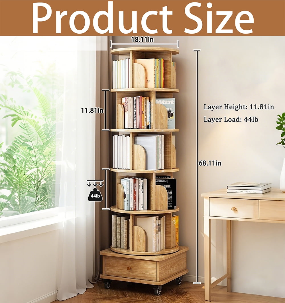 WARMMUSE 6 Tier Rotating Bookshelf, 360 ° Display Spinning Round Floor Standing Bookcase with Wheels and Drawer  for Bedroom, Living Room, Natural