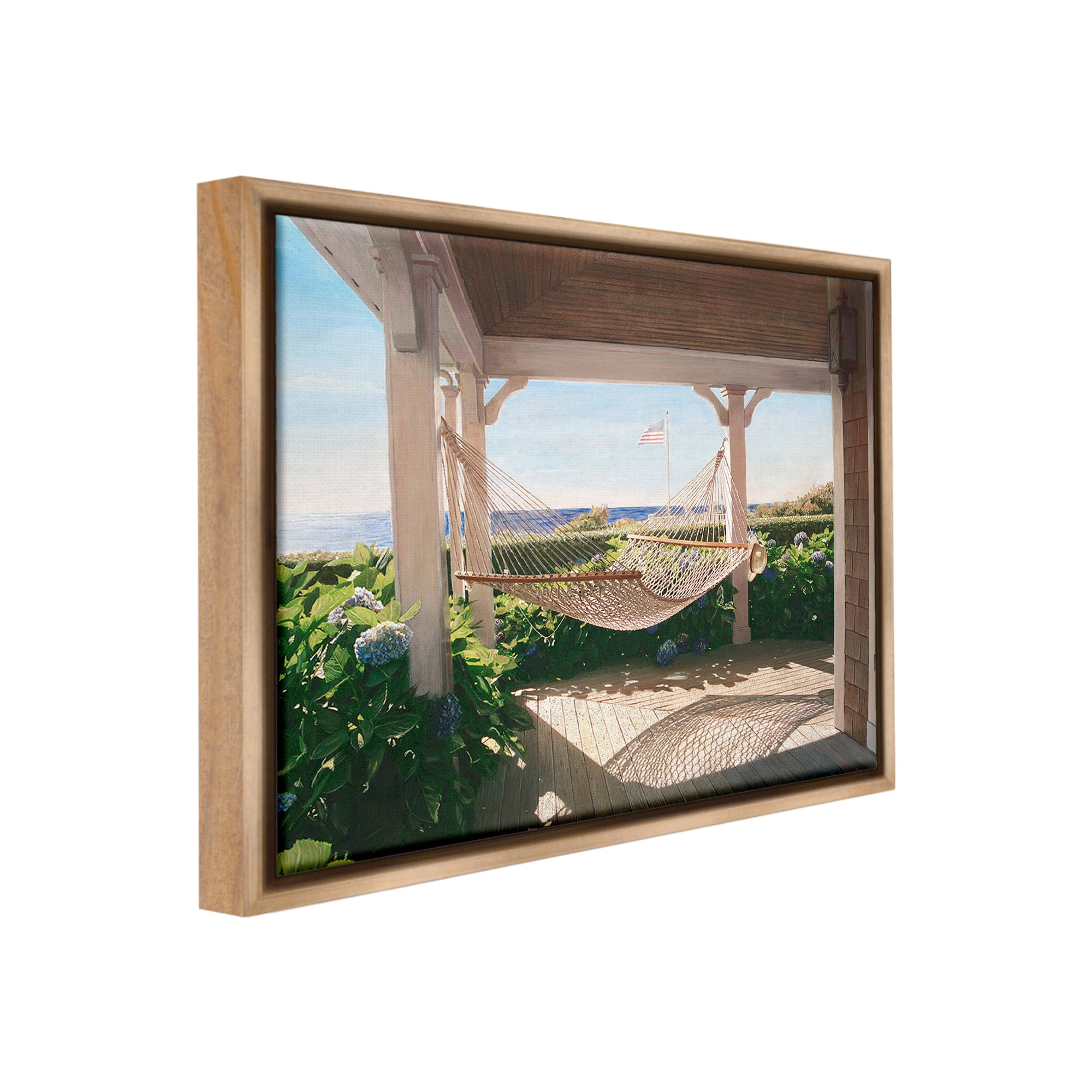 Stupell Industries Hammock & Coastal Porch Landscape Painting Brown Floater Framed Canvas Art Print Wall Art, 31 x 25