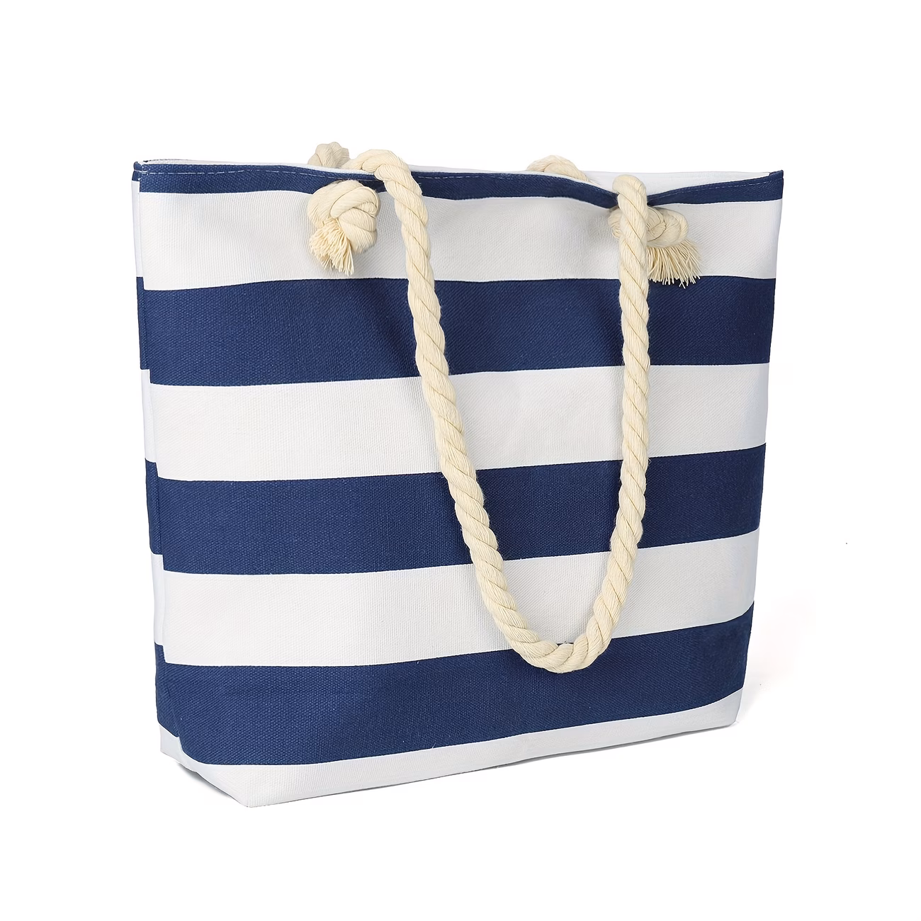 Large Capacity Striped Canvas Tote Bag, Waterproof and Sandproof with Rope Handles Beach Bag