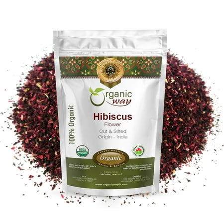 Organic Way Dried Hibiscus Flower Cut & Sifted (Hibiscus rosa-sinensis) | Herbal Tea - Organic & Kosher Certified | Raw, Vegan, Non GMO & Gluten Free | USDA Certified | Origin - India (1LBS / 16Oz)