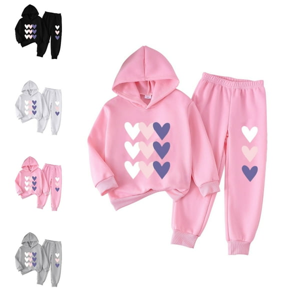 SGFCWSX Kids 2 Piece Outfit Girls Hoodie and Sweatpants Set Casual Heart Print Tracksuit Pink Size 7-8 Years