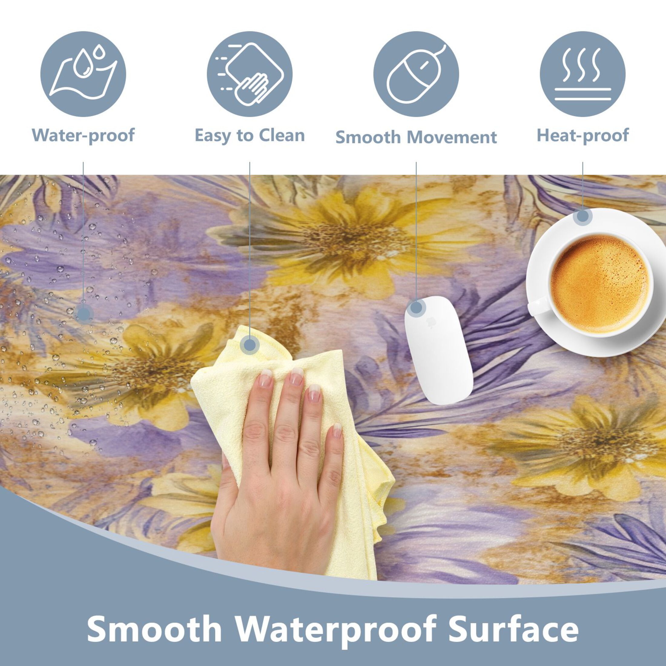 Leather Keyboard and Mouse Desk Mat Office Desk Accessories Protective Office Desk Decor Desk Pad Mat for Gaming, Work from Home, Office Yellow and Lavender Flowers 16.5" x 35.4"