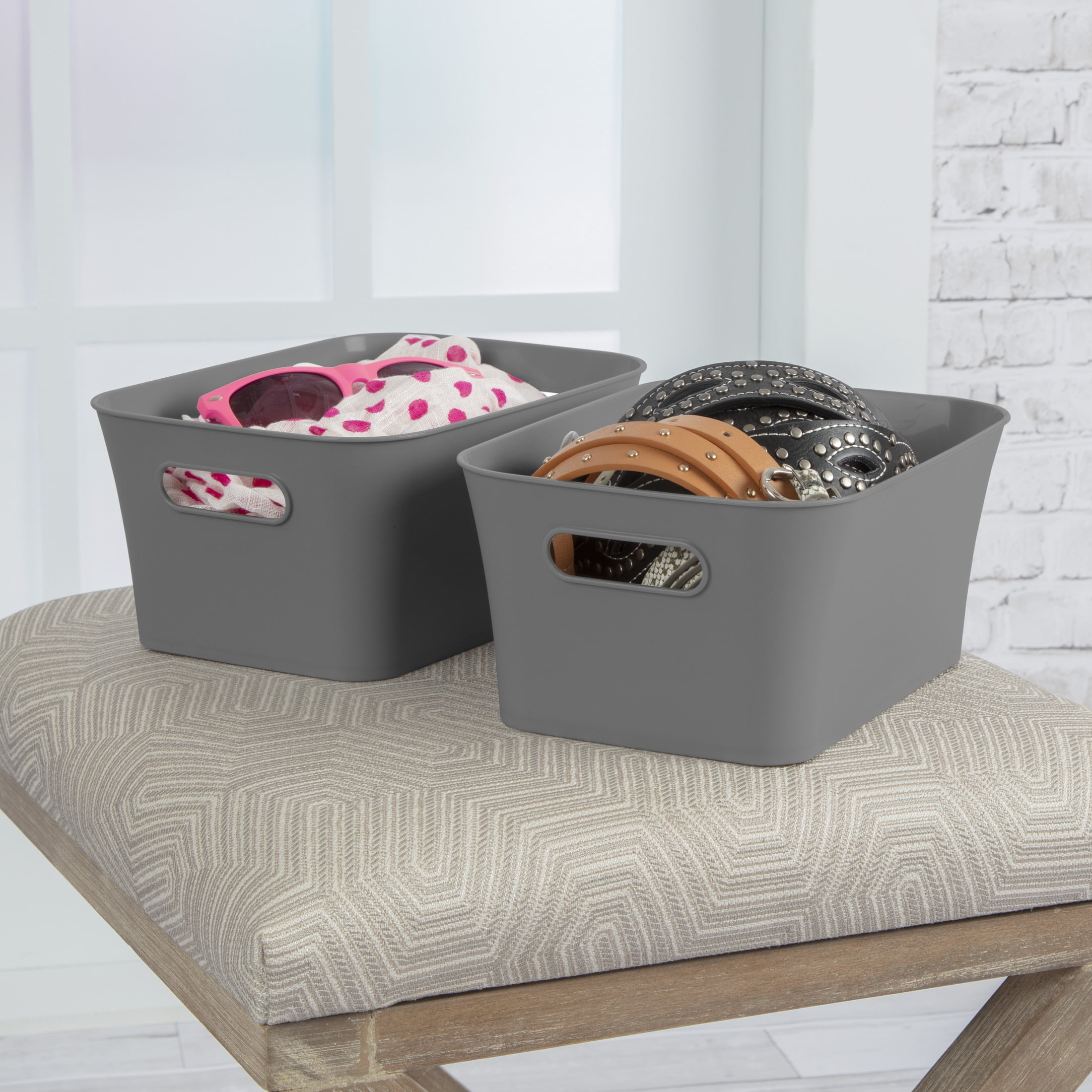 Mainstays Set of (2) Small Bins, Open Plastic Storage Containers, Versatile Stylish Organizers, Gray, 6 Pack