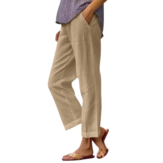 moda mujer color sólido cintura elástica suelta bolsillo recto pantalones casuales caqui / 2xl