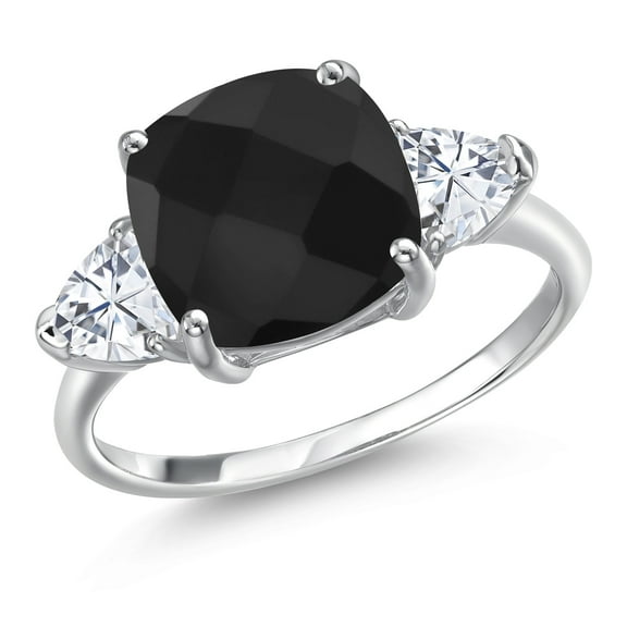Gem Stone King 10K White Gold Black Onyx & White Moissanite Engagement Ring | 4.74 Cttw | Cushion 10MM | Trillion 5MM | Three Stone Wedding Engagement Anniversary Promise Ring for Women (Size 5)