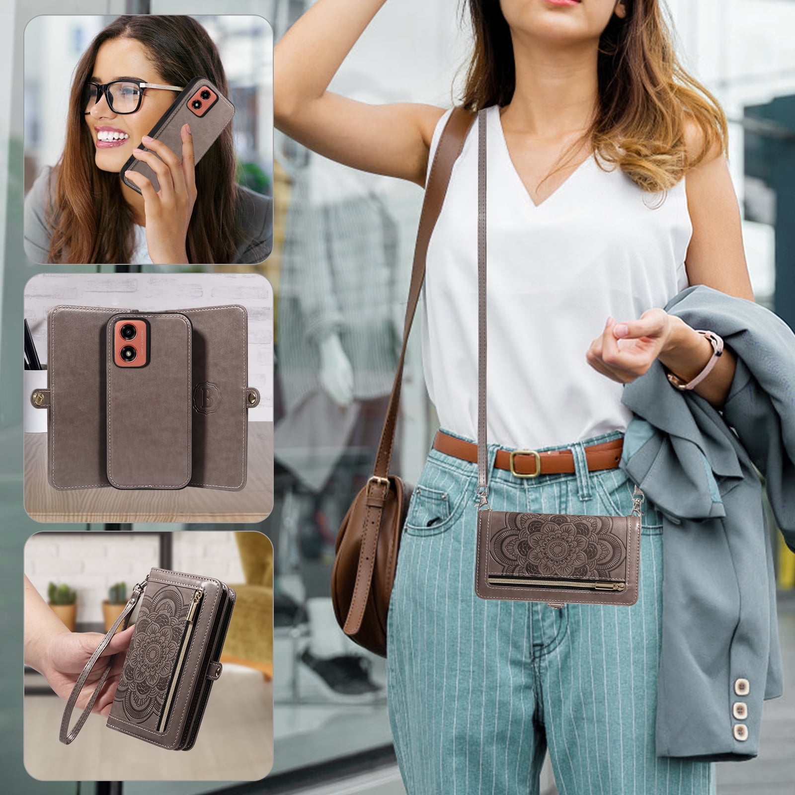 Asuwish Phone Case for Motorola Moto G04/G04s/G24/E14 4G Zipper Wallet Detachable Cell Cover with Tempered Glass Screen Protector Lanyard Strap Flower Flip Card Holder GO4 G 04 04s 24 E 14 Women Gray