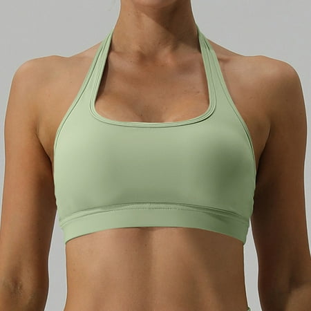 Ladies Sports Bra Sexy Hanging Neck High Support Impact Yoga Underwear Running Fitness Gym Push Up Workout Bra Padded Bralette (green bra S bra74-80cm)