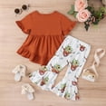 thumbnail image 4 of Toddler Outfits Girls Short Sleeve Ruffles T Shirt Pullover Tops Cartoon Printed Bell Bottoms Pants Kids Outfits Coffee 3 Years-4 Years, 4 of 9
