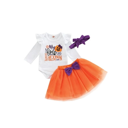 

Biekopu Baby Romper Set Halloween Letter Pumpkin Embroidered Long Sleeve Round Neck Jumpsuit + Bow Mesh Skirt + Hairband