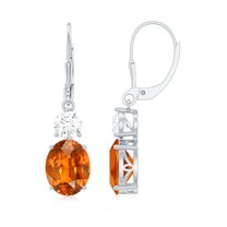 Lab Grown Orange Sapphire Drop Earrings with Moissanite - 8X10 mm Sapphire, 18K White Gold