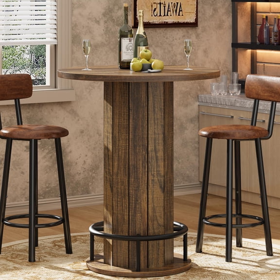 Rustic Walnut Round Bar Table With Metal Footrest, 31.5 Dia x 40 H