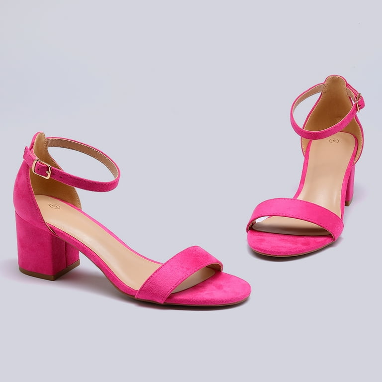 Pennysue Women's Strappy Chunky Low Heels, Hot Pink Ankle Strap