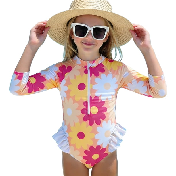 Traje de Baño de Manga Larga para Bebé Niña Traje de Baño Integrado de Impresión de Verano, Vestido de Manga Larga para Bebé Niña Estilo Ropa de Playa para Niños