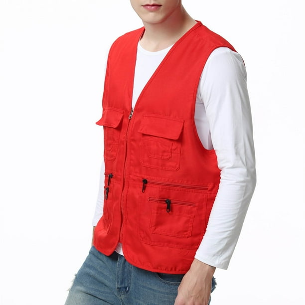 pstuiky Camisetas sin mangas para hombre, Camiseta de tirantes con cuello en V, multibolsillos y cremallera para exteriores, de color liso y práctica para hombre Tops elegantes para mujer l