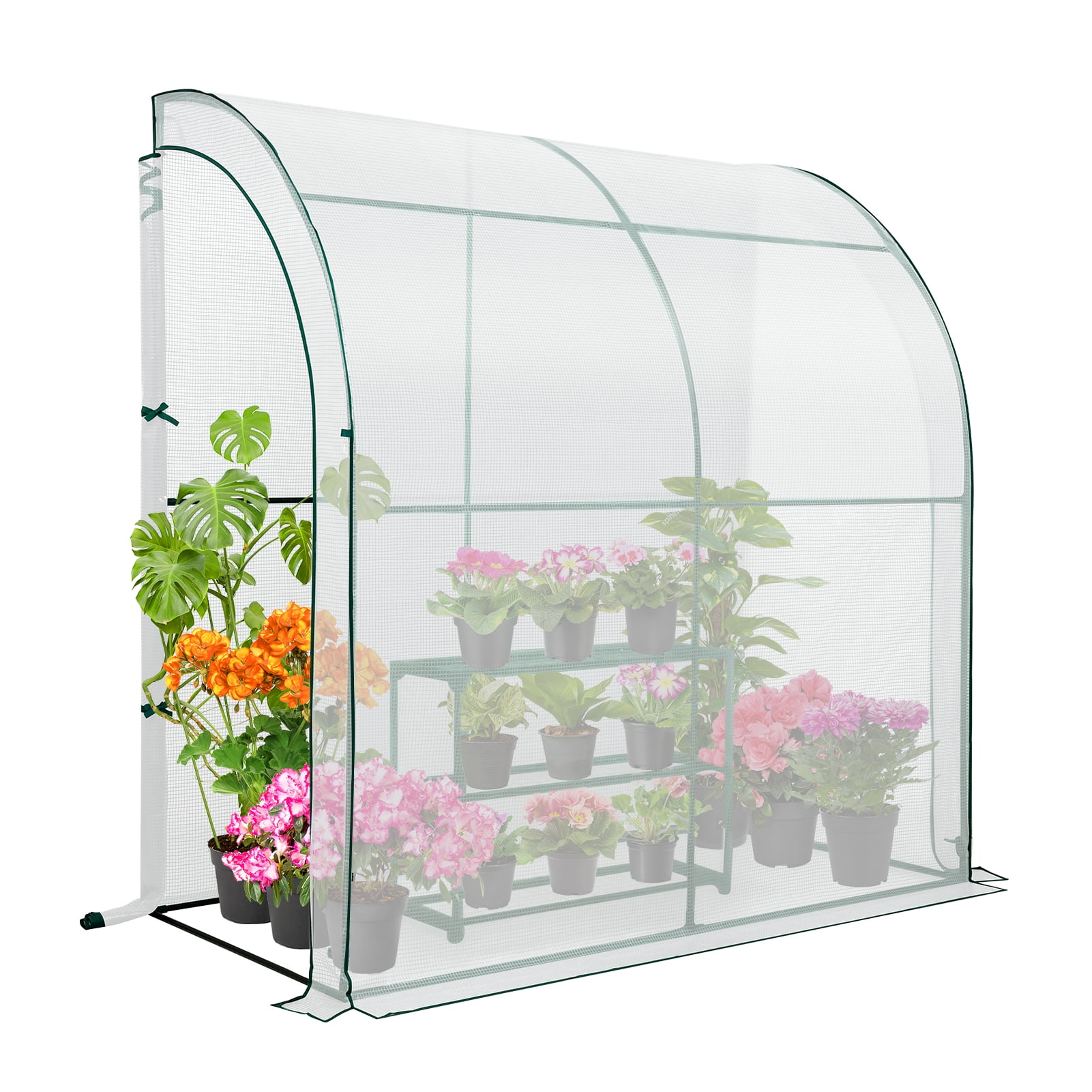 EAGLE PEAK 6.6 x 3.3 x 6.9ft Outdoor Lean to Walk-in Greenhouse with Shelf, Gardening Wall Green House with Roll-up Zipper Entry Doors, White