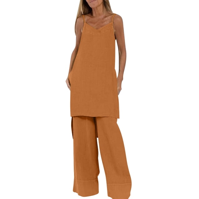 Conjunto de Pantalones Cortos de Verano con Cuello en V, Blusa sin Mangas Y Pantalones de Bolsillo Sueltos, Traje Casual de 2 Piezas para Mujeres, Conjunto de Mezcla de Algodón de Lavado a Mano