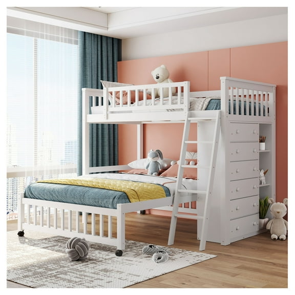 Wooden Twin over Full Bunk Bed with 6 Drawers & Flexible Shelves, White