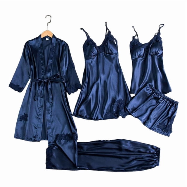 Conjunto de pijama satinado para mujer, 5 piezas, con paneles de encaje, boda 2024