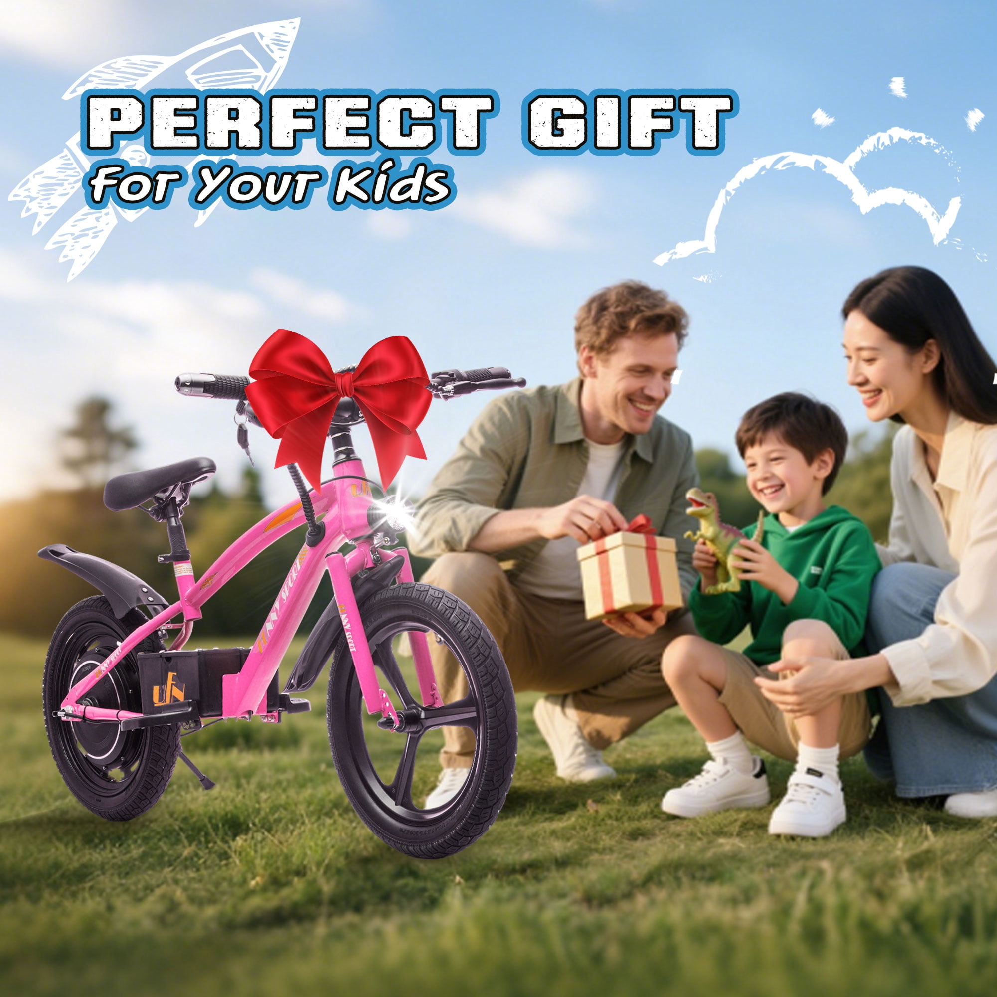 Track Seven 24V Kids Electric Dirt Bike, Ride on Mini Bike, 300W Super Power Motor, Up to 12.43 MPH, 16" Wheels, Adjustable Seat Height, Bright Headlight, Hand-Operated Brakes for Ages 5+, Pink