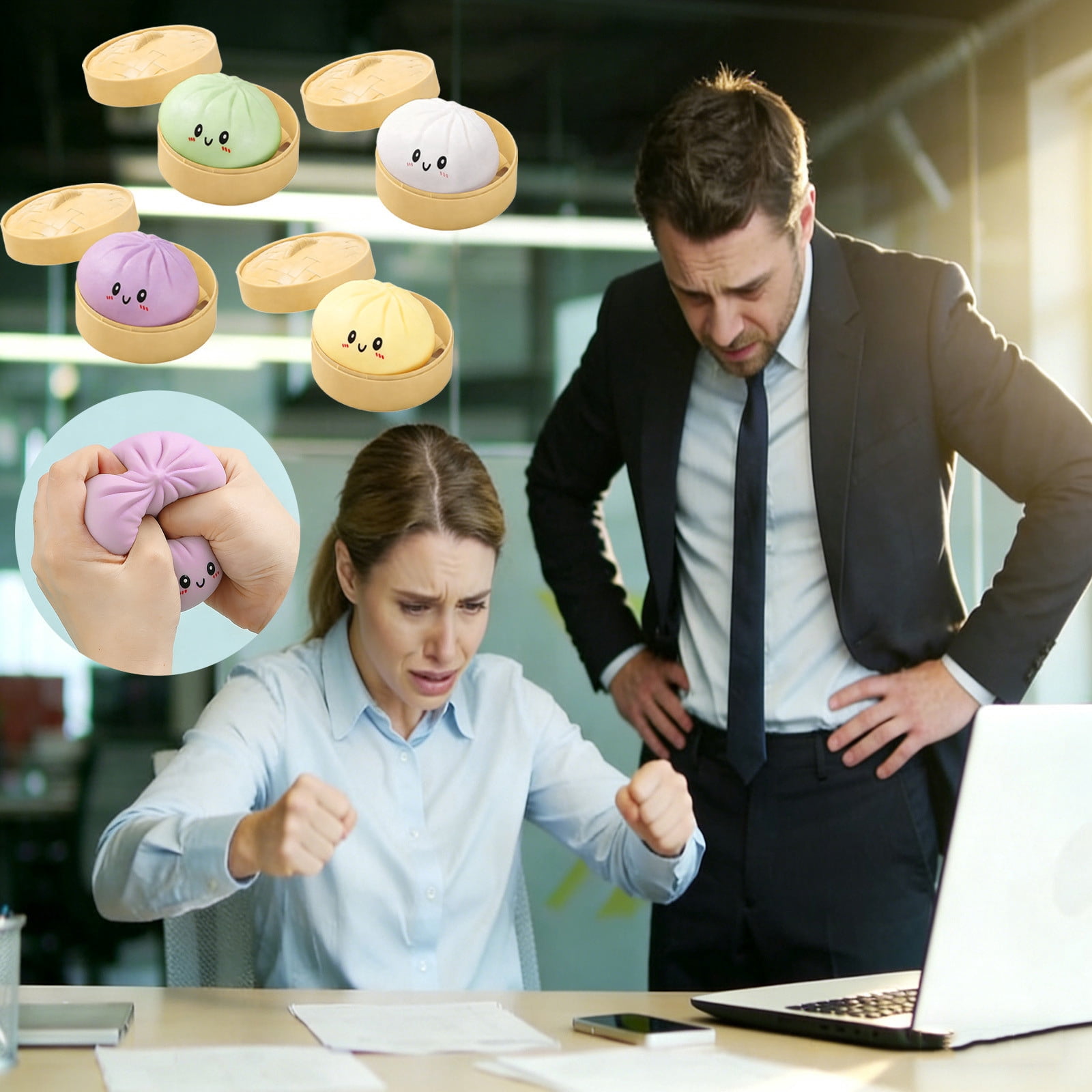 Gcvizuso Decompression Big Bun Stress Relief Ball, Imitation True and False Tool Silicone Squeeze Sensory Ball, Slow Springback Hand Pinching Release Gadget, Calming Set of 4