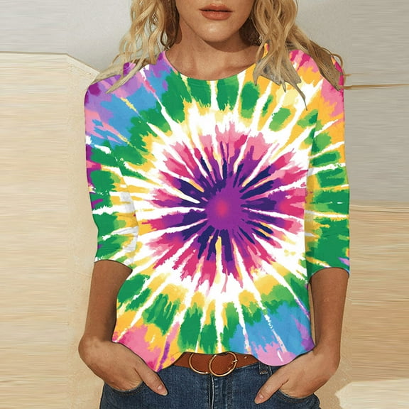 VBTAPA Tie Dye T Shirts for Women Rainbow Graphic Tee Shirts Funny Casual 3/4 Sleeve Tops Loose Fit Round Neck Tees Multicolor L