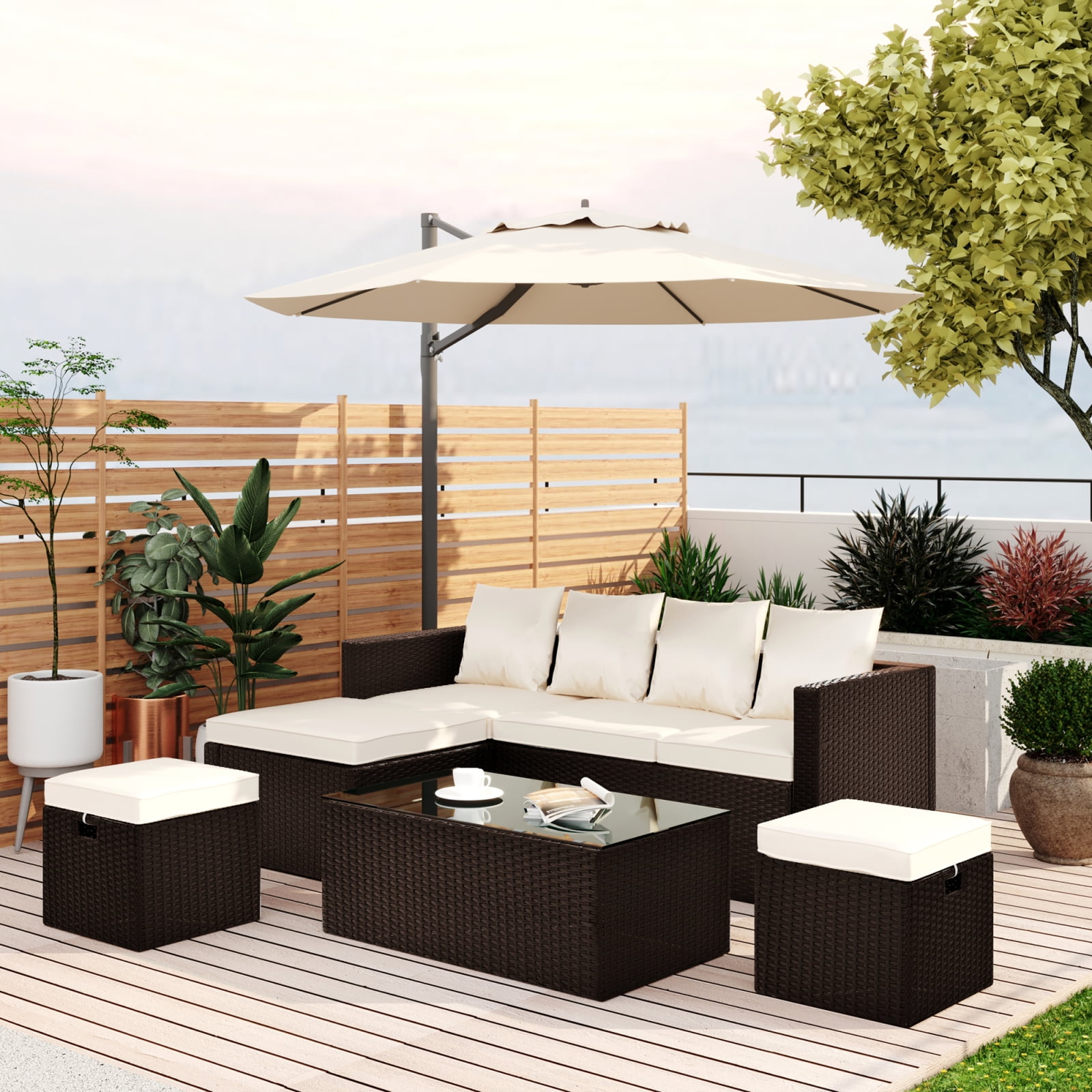 Pannow 5-Piece Patio Furniture PE Rattan Wicker Sectional Lounger Sofa